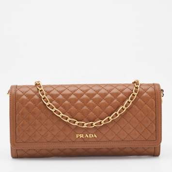 Pre Owned Prada Brown Quilted Leather Wallet on Chain