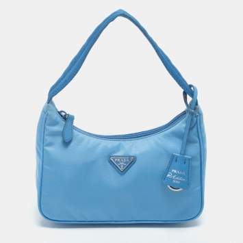 Pre Owned Prada Light Blue Tessuto Nylon Mini Re-Edition 2000 Baguette Bag