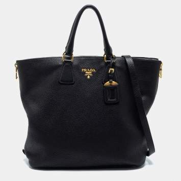 Pre Owned Prada Black Vitello Diano Leather Side Zip Shopper Tote