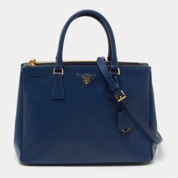 Pre Owned Prada Blue Saffiano Lux Leather Medium Double Zip Tote