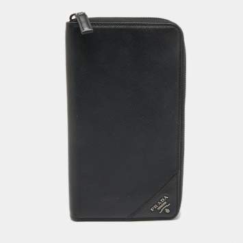 Pre Owned Prada Black Saffiano Leather Zip Around Wallet