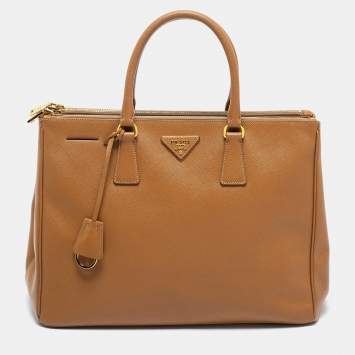 Pre Owned Prada Brown Saffiano Lux Leather Medium Galleria Double Zip Tote