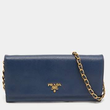 Pre Owned Prada Blue Saffiano Leather Wallet On Chain