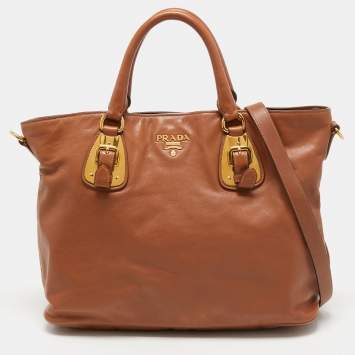 Pre Owned Prada Brown Calfskin Leather Nocciolo Top Handle Bag
