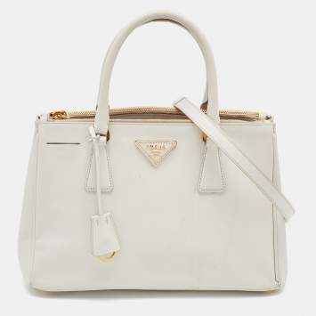 Pre Owned Prada White Saffiano Leather Medium Galleria Double Zip Tote