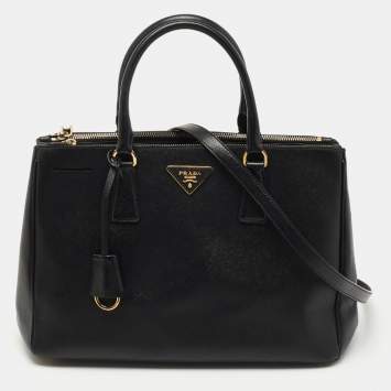Pre Owned Prada Black Saffiano Lux Leather Medium Double Zip Tote