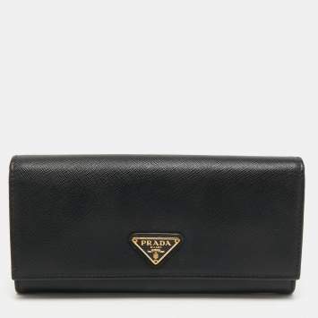 Pre Owned Prada Black Saffiano Metal Leather Logo Flap Continental Wallet