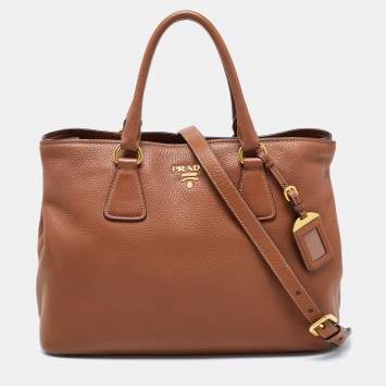 Pre Owned Prada Brown Vitello Daino Leather Middle Zip Tote
