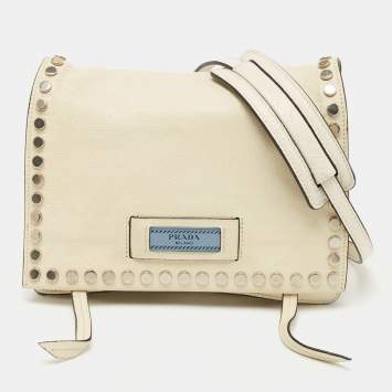 Pre Owned Prada Off White Embellished Leather Etiquette Crossbody Bag