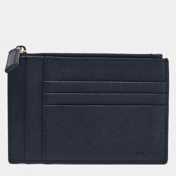 Pre Owned Prada Blue Saffiano Leather Zip Card Holder