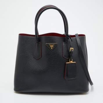 Pre Owned Prada Black Saffiano Cuir Leather Medium Double Handle Tote