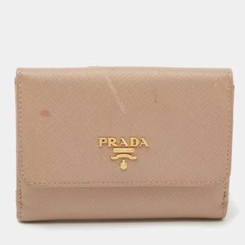 Pre Owned Prada Beige Saffiano Lux Leather Compact Wallet