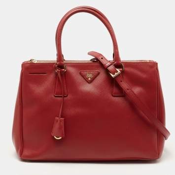 Pre Owned Prada Red Saffiano Leather Medium Double Zip Tote