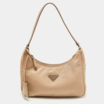 Pre Owned Prada Beige Nylon and Saffiano Leather Mini Re-Edition Bag