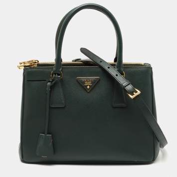 Pre Owned Prada Green Saffiano Lux Leather Small Double Zip Tote