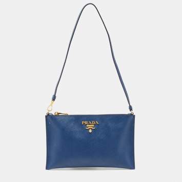 Pre Owned Prada Navy Blue Saffiano Lux Leather Wristlet Slim Clutch   