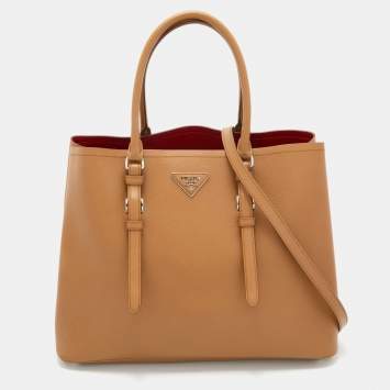Pre Owned Prada Light Brown Saffiano Leather Cuir Covered Strap Double Tote