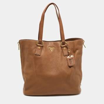 Pre Owned Prada Brown Vitello Daino Leather Side Zip Tote