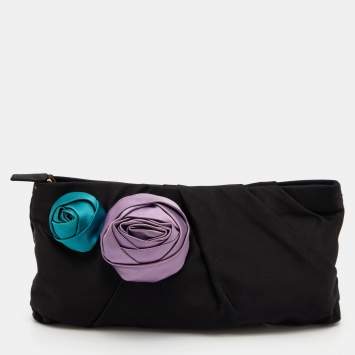 Pre Owned Prada Black Pleated Rosa Satin Petal Clutch