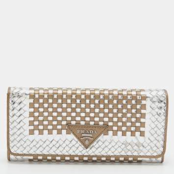 Pre Owned Prada Metallic Brown/Silver Woven Leather Flap Continental Wallet