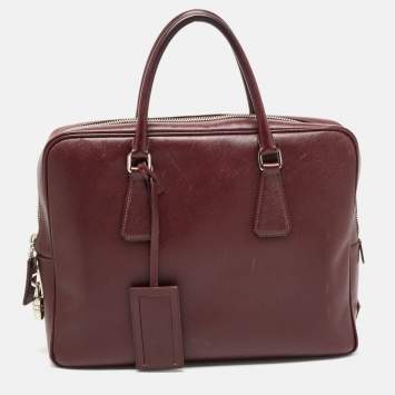 Pre Owned Prada Burgundy Saffiano Lux Leather Zip Briefcase 
