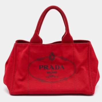 Pre Owned Prada Red Canapa Canvas Logo Print Shopper Tote