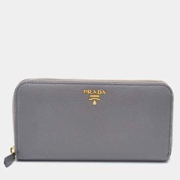 Pre Owned Prada Grey Daino Leather Zip Around Wallet