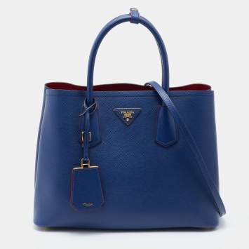 Pre Owned Prada Blue Saffiano Cuir Leather Medium Double Handle Tote