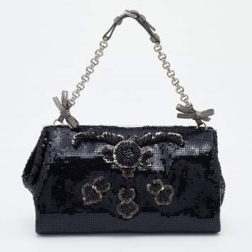 Pre Owned Prada Black Sequins Chain Pochette 