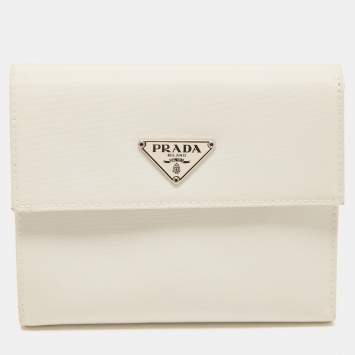 Pre Owned Prada White Nylon Logo Flap Compact Wallet