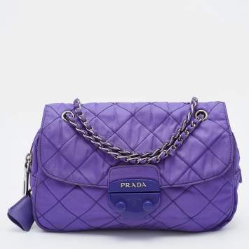 Pre Owned Prada Purple Quilted Nylon Flap Chain Shoulder Bag