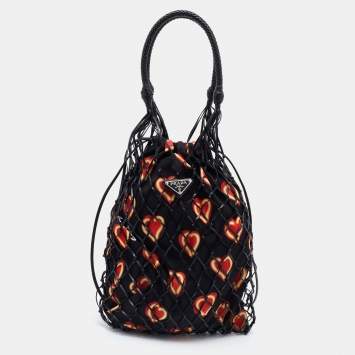 Pre Owned Prada Black Woven Fishnet Leather and Nylon Drawstring Bucket Bag