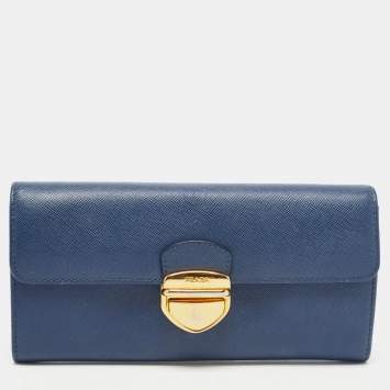 Pre Owned Prada Blue Saffiano Leather Push Lock Wallet