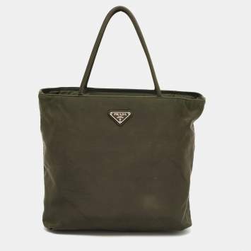 Pre Owned Prada Dark Green Tessuto Nylon Logo Zip Tote