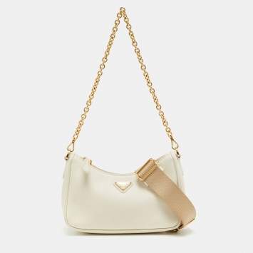 Pre Owned Prada Off White Saffiano Lux Leather Mini Pochette Bag