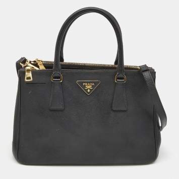 Pre Owned Prada Black Saffiano Lux Leather Small Double Zip Tote