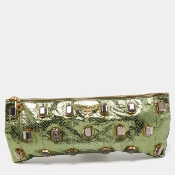Pre Owned Prada Metallic Green Snake Skin Crystal Embellished Clutch