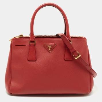 Pre Owned Prada Red Saffiano Leather Small Double Zip Tote
