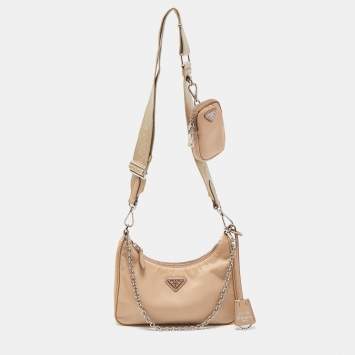 Pre Owned Prada Beige Nylon and Leather Re-Edition 2005 Baguette Bag