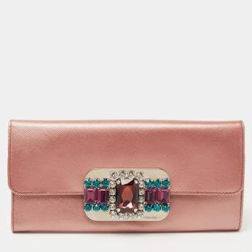 Pre Owned Prada Metallic Pink Leather Crystal Embellished Continental Wallet