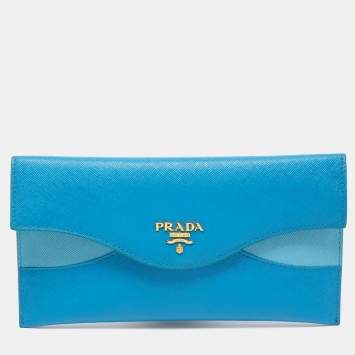 Pre Owned Prada Two Tone Blue Saffiano Metal Leather Envelope Flap Continental Wallet