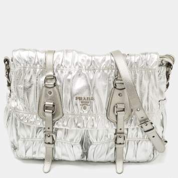 Pre Owned Prada Silver Gaufre Leather Buckle Flap Messenger Bag