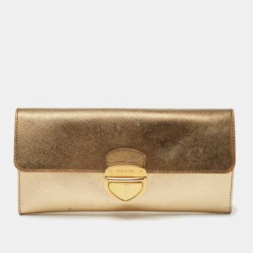 Pre Owned Prada Gold Saffiano Leather Pushlock Flap Wallet