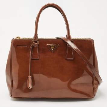 Pre Owned Prada Brown Marble Effect Patent Leather Medium Double Zip Tote