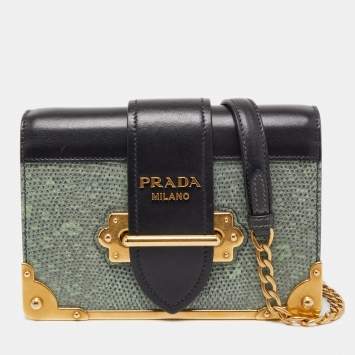 Pre Owned Prada Black/Green Leather and Lizard Cahier Shoulder Bag