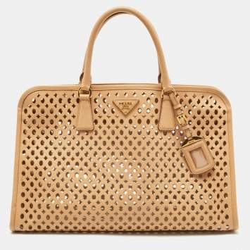 Pre Owned Prada Beige Saffiano Lux Leather Perforated Satchel