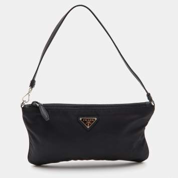 Pre Owned Prada Black Tessuto Nylon and Leather Wristlet Clutch Bag