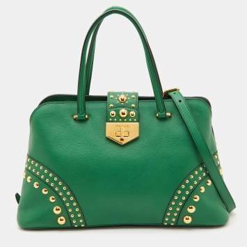 Pre Owned Prada Green Saffiano Leather Promenade Studded Satchel