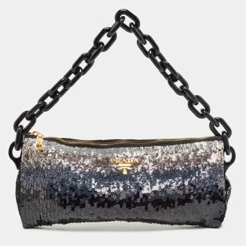 Pre Owned Prada Black Ombre Sequins Logo Chain Clutch