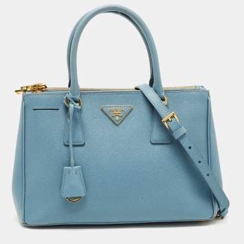Pre Owned Prada Blue Saffiano Lux Leather Small Double Zip Tote
